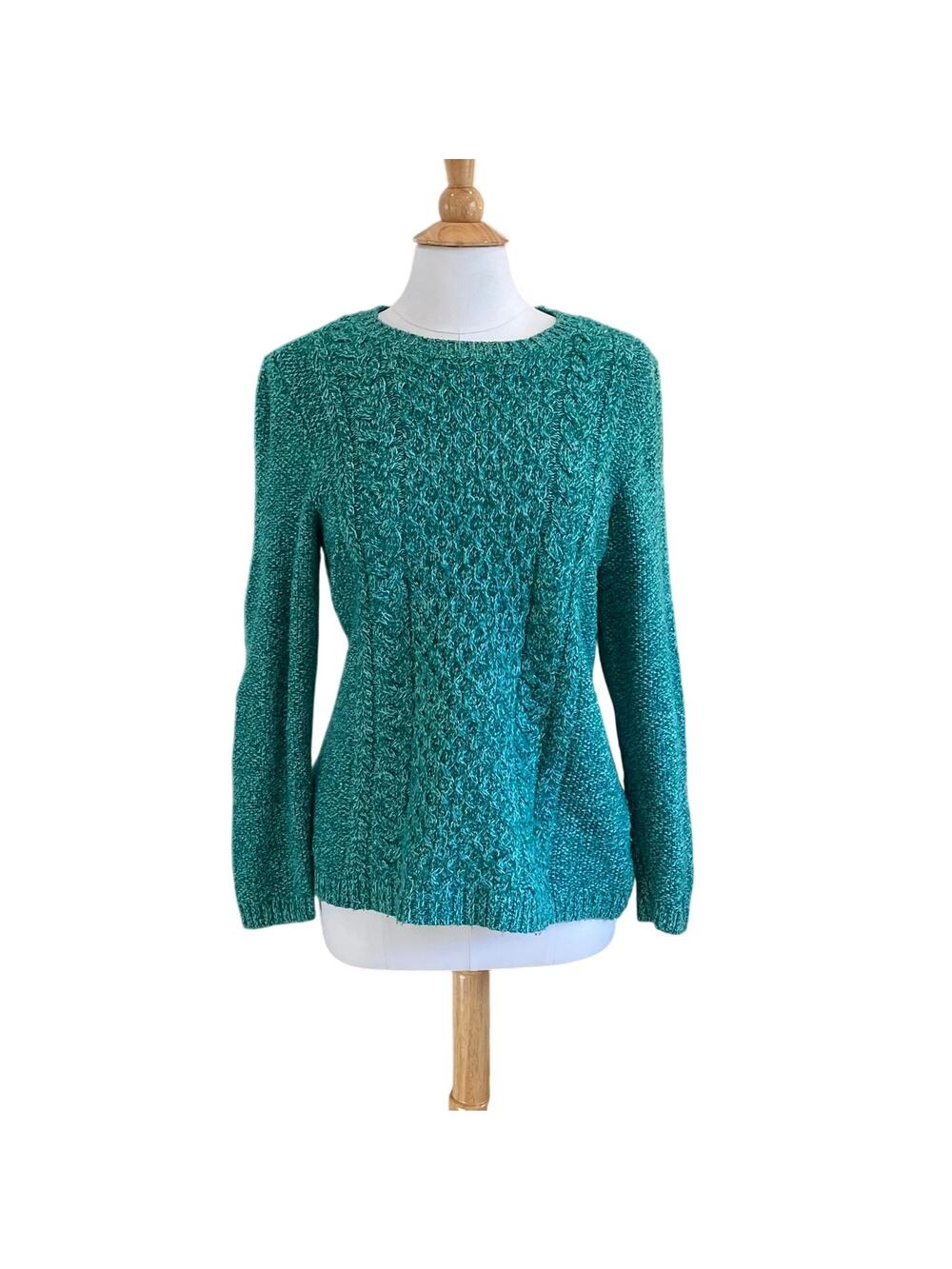 Talbots Green Blue Wool Blend Chunky Knit Long Sleeve Crewneck Sweater, Size L